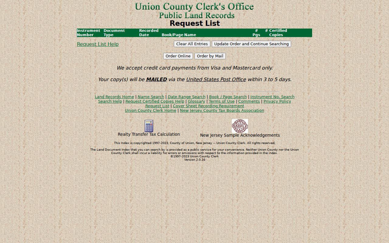 Union County previous residents Clerk certified copy request page