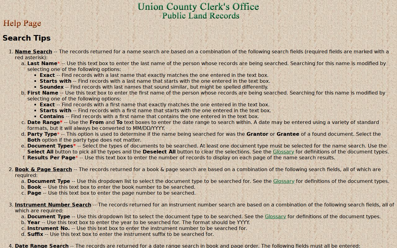 Union County street directory Clerk deed index search help